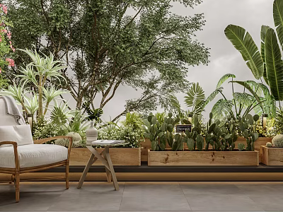 Cozy Home Balcony With Lush Plants Wooden Planters Relaxing Chair Table And Tiled Floor 3d model