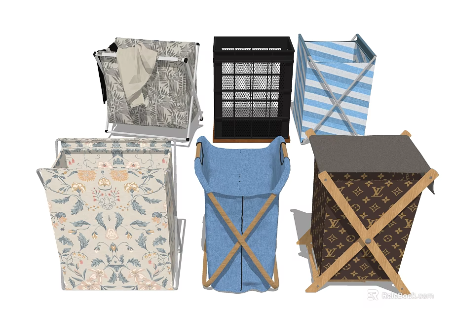 Various Foldable Laundry Baskets With Floral Striped Grid And Brand Patterns 3d model 
