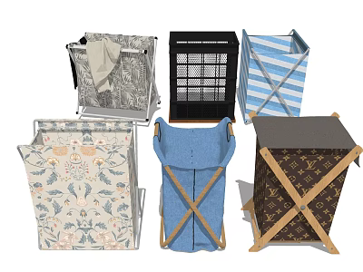 Various Foldable Laundry Baskets With Floral Striped Grid And Brand Patterns 3d model