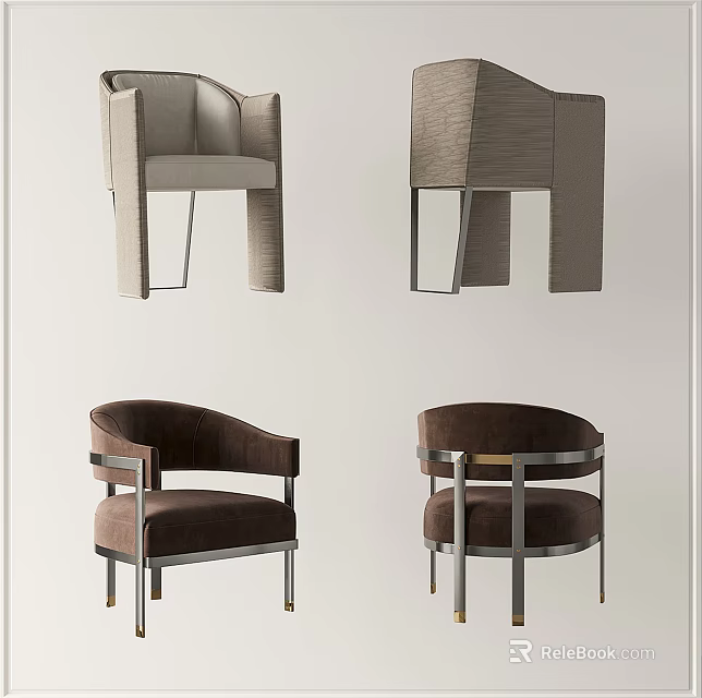 Modern Sleek Leisure Chairs Design With Brown Leather Seats And Metal Armrest Frames 3d model 