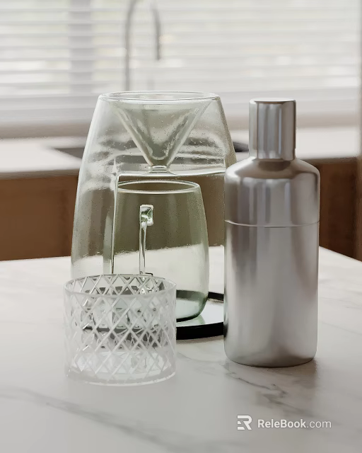 Modern Decorative Ornament Set Featuring Transparent Glass Funnel Container Glass Cup And Silver Metal Shaker 3d model 