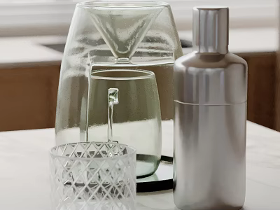 Modern Decorative Ornament Set Featuring Transparent Glass Funnel Container Glass Cup And Silver Metal Shaker 3d model