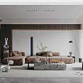 Modern Living Room Interior With Brown Sofa Marble Coffee Table Green Plant And Floor Lamp