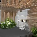 Contemporary Exhibition Display With Wooden Stick Structure Green Plants White Flowers Models And Water Reflection