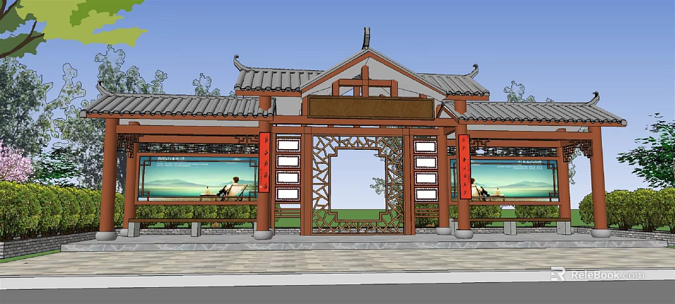 Traditional Chinese Gatehouse with Wooden Structure Tile Roof Red Couplets and Landscape Paintings 3d model 