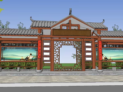 Traditional Chinese Gatehouse with Wooden Structure Tile Roof Red Couplets and Landscape Paintings 3d model