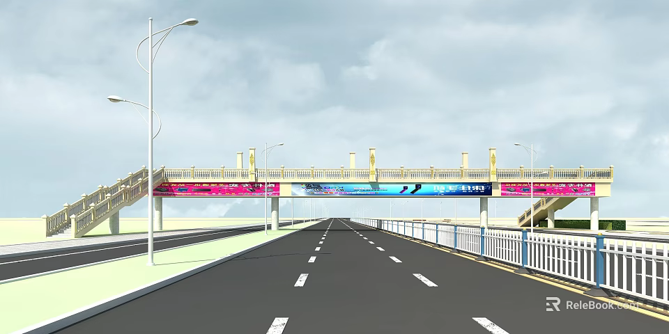 Modern Pedestrian Overpass Bridge With Street Lamps Over Urban Road And Railings 3d model 
