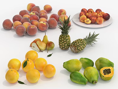 Fresh Assorted Fruits Display with Peaches Pears Pineapples Oranges and Papayas 3d model