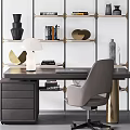 Modern Dark Wooden Desk With Ergonomic Chair Table Lamp Books And Stylish Bookshelf
