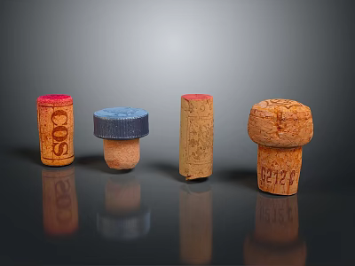 Various Colored Wine Cork Stoppers Displayed With Different Designs And Logos 3d model