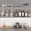 Wine Whiskey Bottles And Glassware Display On Bar Shelf With Herringbone Tile Background 3d model
