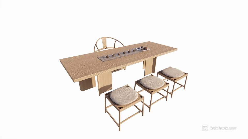 Modern Wooden Tea Table With Tea Tray And Matching Comfortable Chairs 3d model