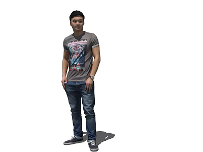 Man Standing in White Background Wearing Gray Graphic T shirt Blue Jeans and Gray Sneakers 3d model