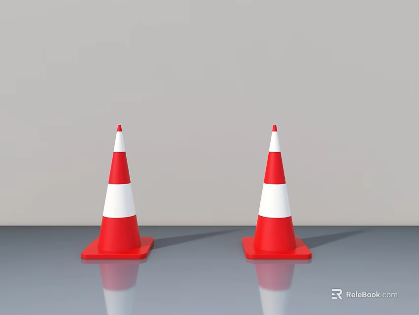 Two Red And White Traffic Cones Standing On Gray Surface With Reflections 3d model 