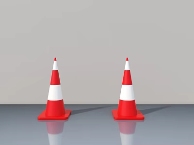 Two Red And White Traffic Cones Standing On Gray Surface With Reflections 3d model