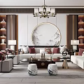 Elegant Living Room Interior With Circular Wall Art Display Shelves Sofa And Table Lamp