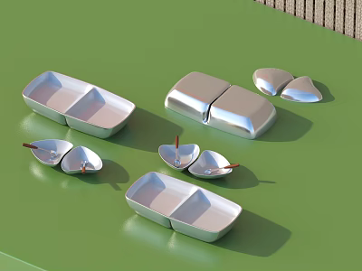 Silver Divided Tableware Set With Heart Shaped Plates And Lids On Green Surface 3d model