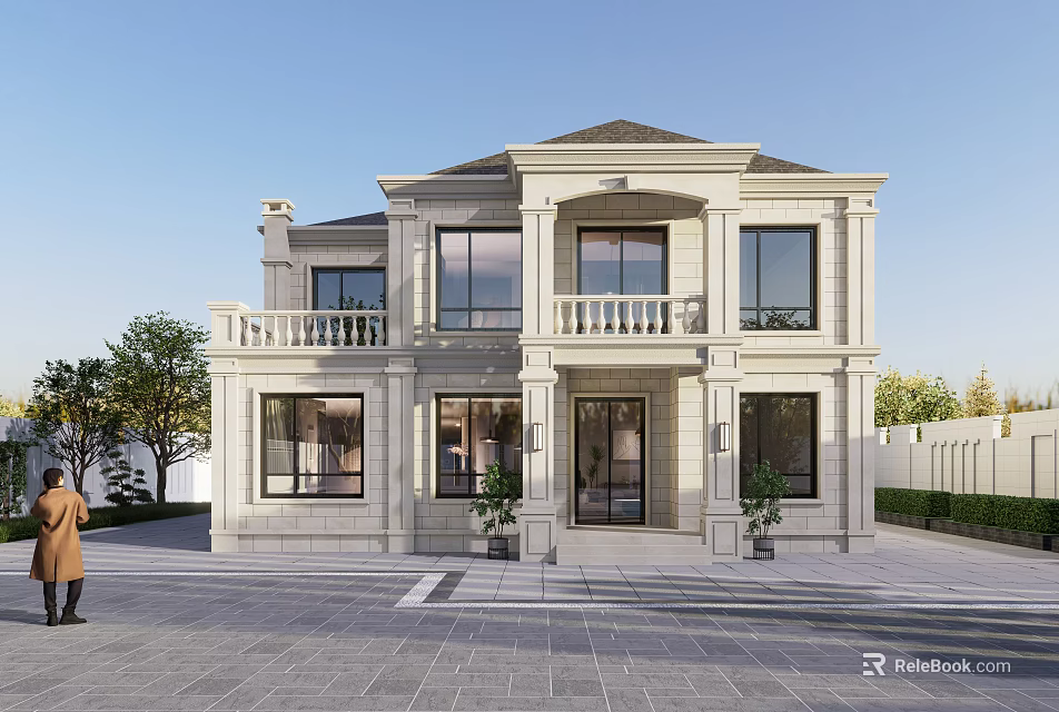 European Style Detached Villa With White Stone Exterior Balcony And Front Plants 3d model 