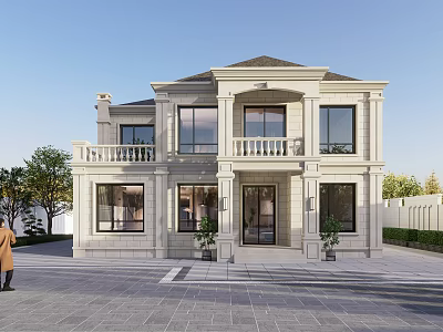 European Style Detached Villa With White Stone Exterior Balcony And Front Plants 3d model
