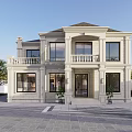 European Style Detached Villa With White Stone Exterior Balcony And Front Plants