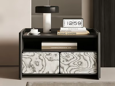 Modern Nightstand with Lamp Clock Books and Teacup and Marble Texture Drawers 3d model