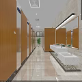 Public Restroom Interior With Blue Chair Bookshelf Wooden Door Umbrella Stand Tiled Walls And Signs