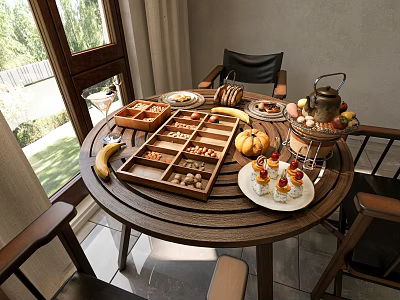 Delicious Food Assortment On Wooden Round Table With Bananas Nuts Fresh Fruits And Teapot 3d model