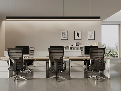 Modern Office Interior With Desks Ergonomic Chairs Computers Pendant Lighting And Decorative Paintings 3d model