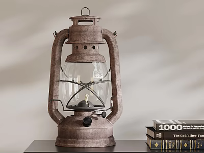 Vintage Metal Kerosene Lamp On Dark Table With Stacked Books 3d model