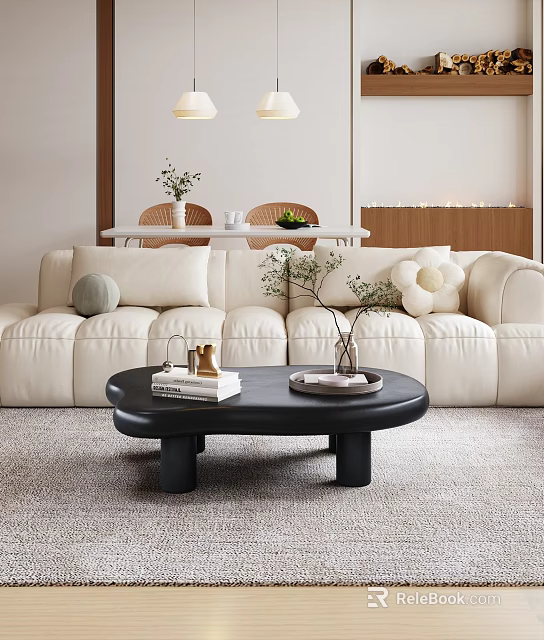 Modern Cream Sofa And Black Irregular Coffee Table Set With Green Plants And Soft Rug 3d model 
