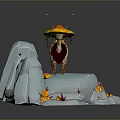 Fantasy Creature 3D Model Standing On Ice Block With Small Fish And Orange Elements 3d model