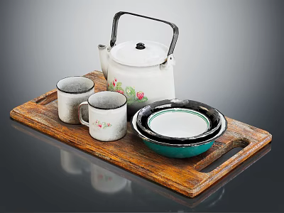 Vintage Tableware Set With White Teapot Floral Mugs And Stacked Bowls On Wooden Tray 3d model
