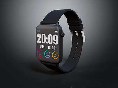 Modern Smartwatch With Black Strap Square Dial And Colorful Icons Displaying Time And Date 3d model