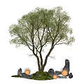 Lush Green Tree With Multiple Trunks Mossy Ground And Glowing Spheres Among Stones