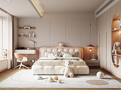 Cozy Kids Room Interior Design With Large Bed Stuffed Toys Desk Chair And Soft Lighting 3d model