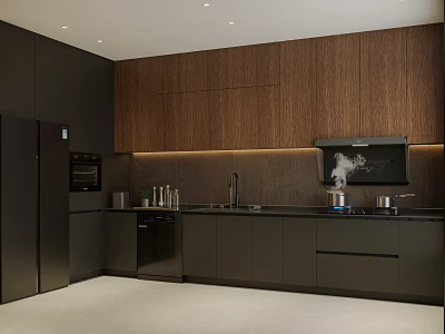 Modern Kitchen Interior Design With Dark Cabinets Sleek Countertop Appliances And Recessed Lighting 3d model