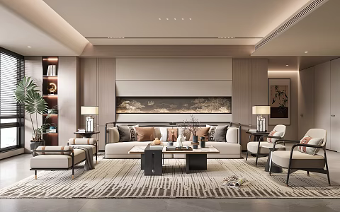 New Chinese Style Living Room Sofa Coffee Table Combination Hanging Painting Jewelry Decoration Coffee Table Side Table Sofa Background Wall Floor Lamp Table Lamp 3d model
