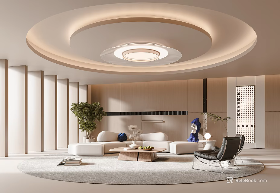 Modern Living Room Interior With Circular Ceiling Light White Sofa And Green Plant 3d model 
