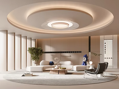 Modern Living Room Interior With Circular Ceiling Light White Sofa And Green Plant 3d model