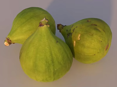 Three Fresh Green Figs With Stems Featuring Smooth Skin And Natural Texture 3d model