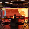 Vibrant Restaurant Interior With Neon Signs Tropical Plant Patterns Red Yellow Tones And Modern Seating