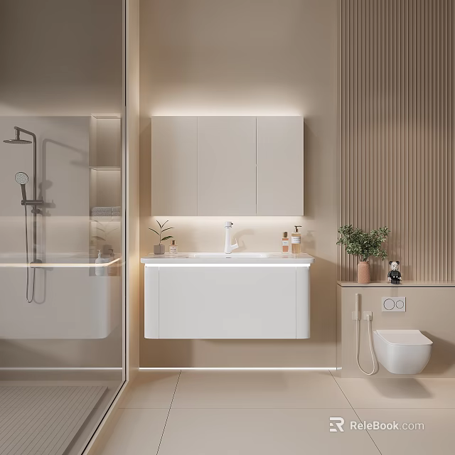Modern Bathroom Interior With Lighted Cabinet White Vanity Toilet And Green Plants 3d model 