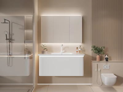 Modern Bathroom Interior With Lighted Cabinet White Vanity Toilet And Green Plants 3d model
