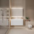Modern Bathroom Interior With Lighted Cabinet White Vanity Toilet And Green Plants