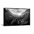 Black and White Mountain Valley Landscape Painting With Winding Roads Framed Wall Art