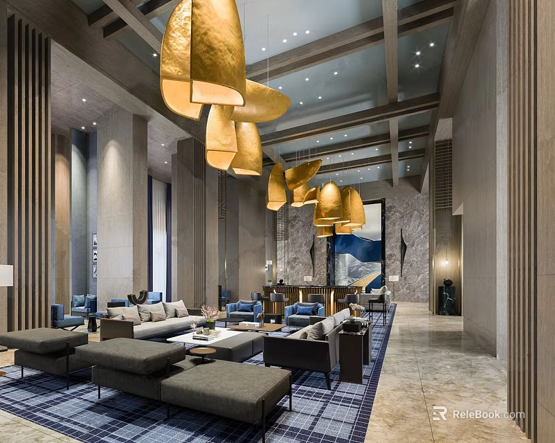 Modern Leisure Area Interior With Golden Pendant Lights Sofas And Wooden Elements 3d model