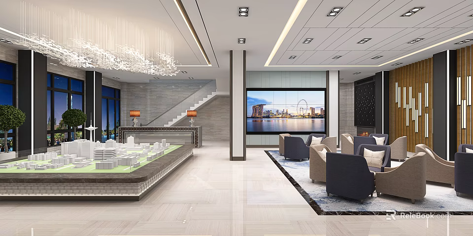 Modern Property Sales Office Interior With Model Display Large Screen Sofa Seating And Chandelier 3d model 