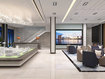 Modern Property Sales Office Interior With Model Display Large Screen Sofa Seating And Chandelier 3d model