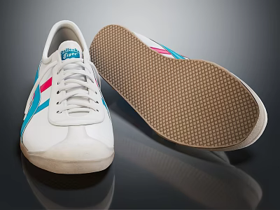 White Shoes With Blue And Red Stripes White Laces Brown Textured Sole With Grid Pattern 3d model