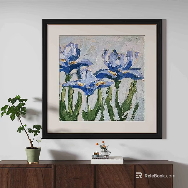Elegant Framed Oil Painting of Three Blue Irises Hanging on Wall 3d model 